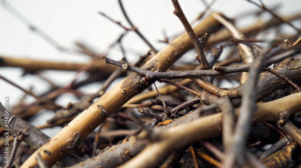 Poster A pile of twigs and twigs on a clean white background. Versatile image for various uses