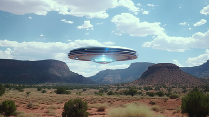 Spaceship with blue light approaching earth in mountainous area, UFO drawing. Generative ai