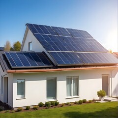 Solar panels generating electricity on a one-floor house with a plain gradient background. Photovoltaics. Renewable energy. Generated AI.
