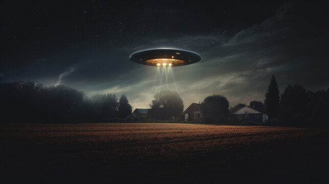 Spaceship with yellow light over field in country, negative UFO drawing. Generative ai