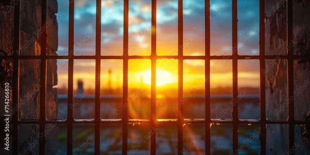 Aufkleber a jail cell with the sun setting behind it. ideal for depicting the concept of freedom and confineme