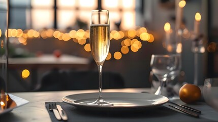 a glass of champagne sitting on top of a white plate - obrazy, fototapety, plakaty