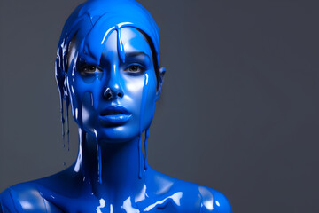 Fashion Concept. Closeup portrait of beautiful woman girl in blue flowing thick fluid gel paint. illuminated with dynamic composition light. sensual, mysterious, advertisement, copy text space	
