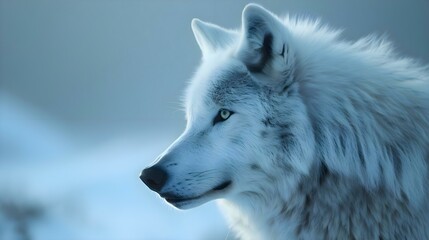 a close up of a white wolf with blue eyes