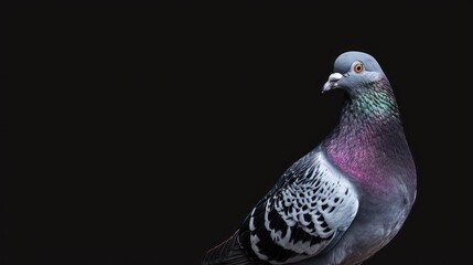Gray pigeon on a black background with ample space for text, perfect for banners, advertisements, and bird lovers