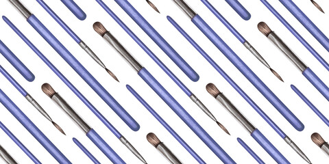Seamless pattern of brushes for applying makeup. Makeup artist tools. Brushes for nail art. Watercolor illustration for background design, packaging, textiles