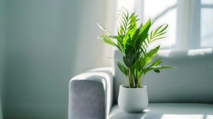 a green plant in a white vase on a table