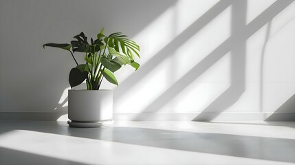 a plant in a white pot on a white floor