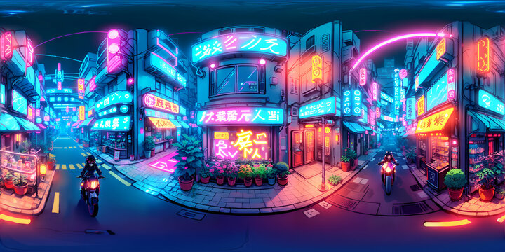Full 360 degrees seamless spherical panorama HDRI equirectangular projection of anime cyberpunk city street. Texture environment map for lighting and reflection source rendering 3d scenes.	