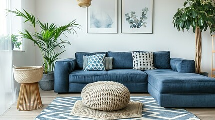 Modern living room. Two knitted pouffes near a dark blue corner sofa. Scandinavian home interior design modern living room.