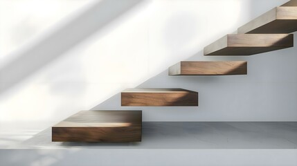a set of wooden stairs in a white room