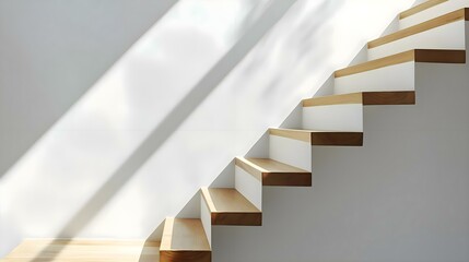 a white wall and a wooden stair case