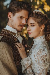 Vintage Romance. A Nostalgic Valentine's Day Scene Featuring a Couple Adorned in Classic Attire, Evoking Timeless Elegance and Love.