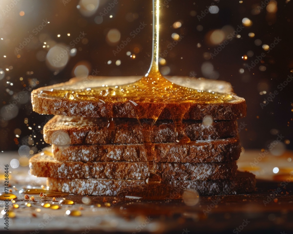 Poster a slice of bread with honey being poured over it. generative ai.