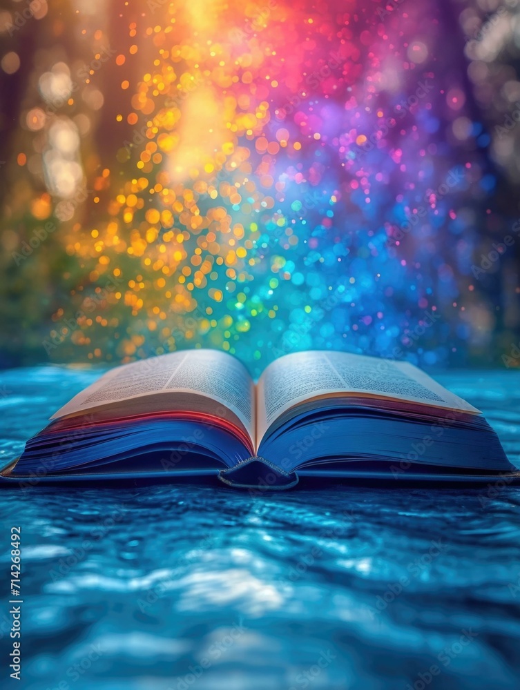 Poster an open book on a table with colorful lights. generative ai.