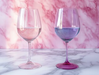Two wine glasses with pink and blue liquid in them. Generative AI.