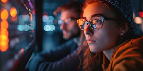 Obraz premium A woman wearing glasses and a man looking at a computer screen. Generative AI.