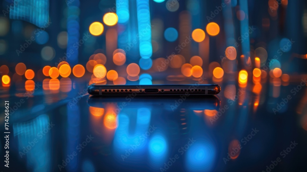 Aufkleber a smartphone sitting on a table with lights in the background. generative ai.