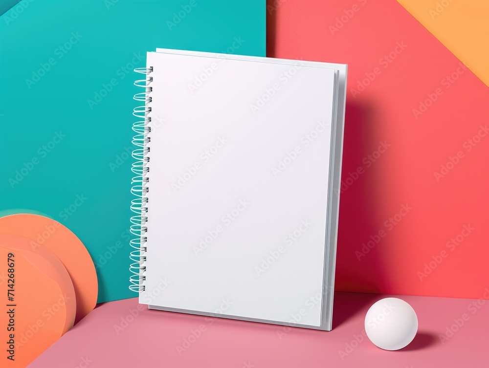 Poster a spiral notebook and a white egg on a colorful surface. notebook mockup on geometric paper pattern.