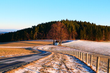 Landstraße über winterliche Felder in Niederösterreich