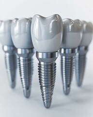 Dental implants in a row on a white background. Generative AI.