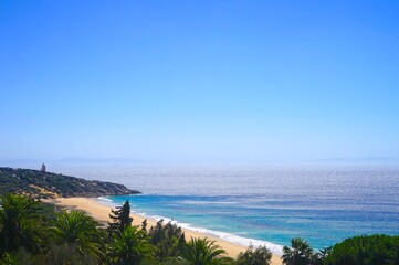 view towards the Playa Los Alemanes and the Faro de Camarinal, Atlanterra, Faro de Camarinal, Costa de la Luz, Atlanterra, Andalusia, Spain