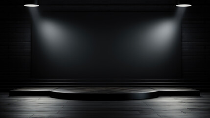 Spotlights on product podium in black dark empty room