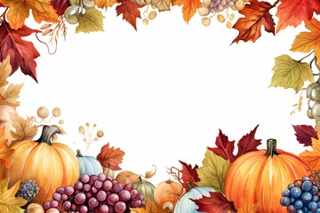 Naklejka na ściany i meble Autumn seasonal leaves border Background and thanksgiving day, harvest holiday with fruits and pumpkins decoration
