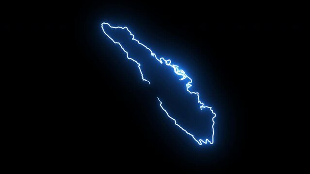 Animated map of the island of Sumatra in Indonesia with a glowing neon effect