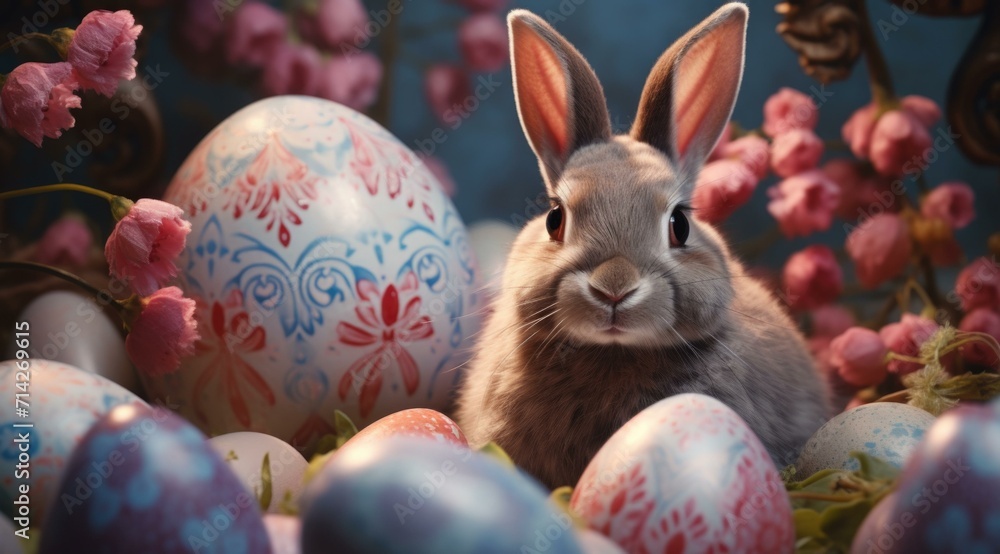 Poster a bunny is sitting in front of some colorful eggs. generative ai.