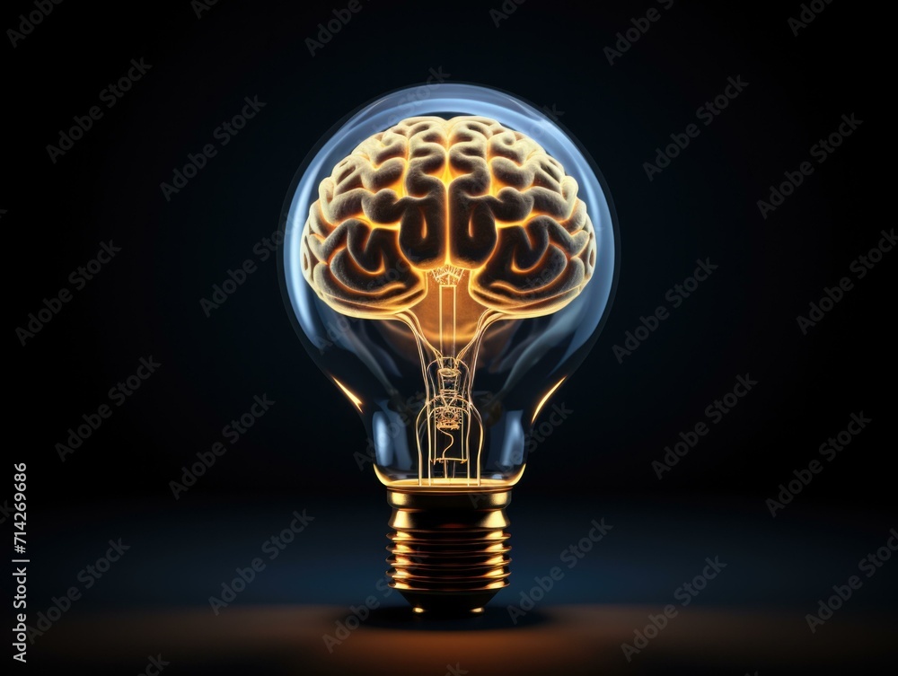 Poster a light bulb with a brain inside. generative ai.