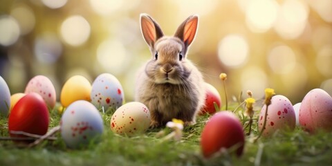A bunny is surrounded by colorful eggs. Generative AI.
