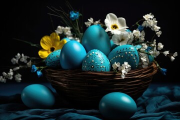 Fototapeta na wymiar Easter eggs in basket with flowers and blue flowers. Generative AI.