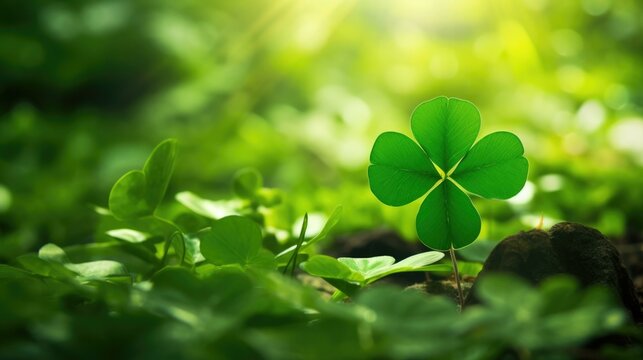 A four leaf clover is growing in the grass. Generative AI.