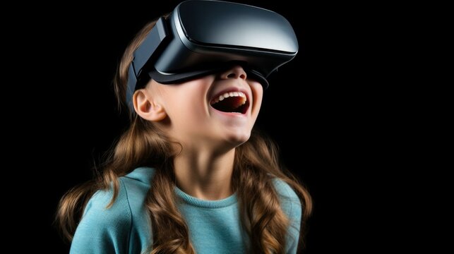 A girl wearing a virtual reality headset. Generative AI.