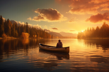 Man in canoe on lake bathing in golden light admiring sunset at end of day. - obrazy, fototapety, plakaty