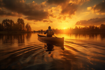 Man in canoe on lake bathing in golden light admiring sunset at end of day. - obrazy, fototapety, plakaty