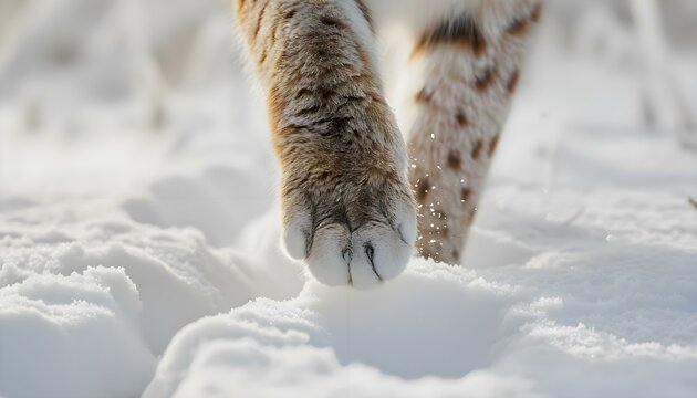 a close up of a cat's foot in the snow