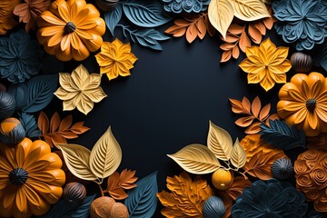 Autumn seasonal leaves border Background and thanksgiving day, harvest holiday with fruits and pumpkins decoration