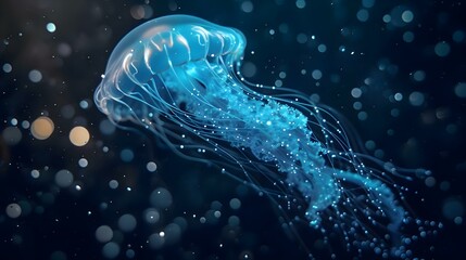 a blue jellyfish floating in the water - obrazy, fototapety, plakaty