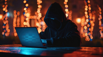 Person in a hooded jacket from behind, working on a computer with multiple screens displaying complex coding software