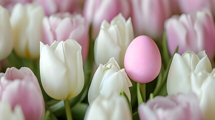 a pink egg sitting on top of a bunch of white tulips