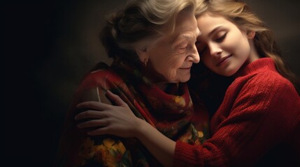 Loving Connection: Woman Embracing Senior Mother AI Generated