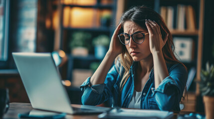 Woman feeling stressed while working on her laptop. She has her head in her hands, a pained expression on her face, signifying a headache, frustration, or exhaustion.
