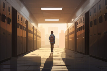 Student with backpack in hallway with lockers, back to school. Generative ai