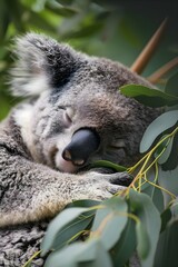 Obraz premium a koala sleeping in a tree with its eyes closed