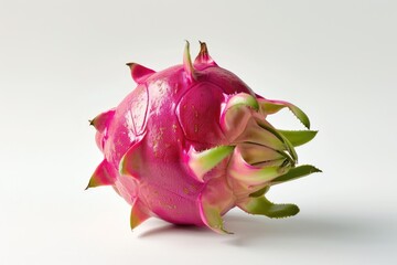 A close up of a dragon fruit on a white surface.