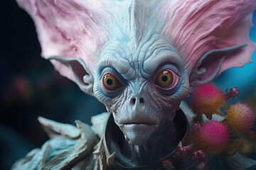 Surreal appearance pink alien with big ears, non-human biological creature concept. Generative ai