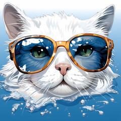 Fototapeta premium Beautiful cute cat with sunglasses water color illustration. The vibrant colors, adorable feline.