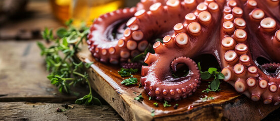Fototapeta premium A succulent octopus tentacle prepared to culinary perfection, garnished with herbs on a rustic wooden board